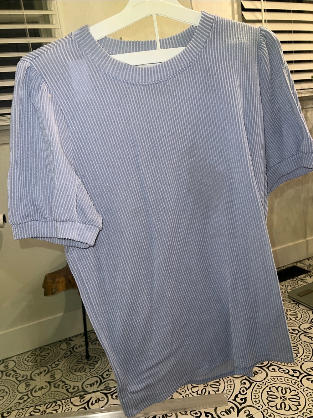 Womens Light Blue Ribbed Short-Sleeve Shirt
